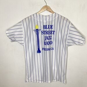 Vintage Blue Street Jazz Band Striped Button Short Sleeve Shirt See Measurements